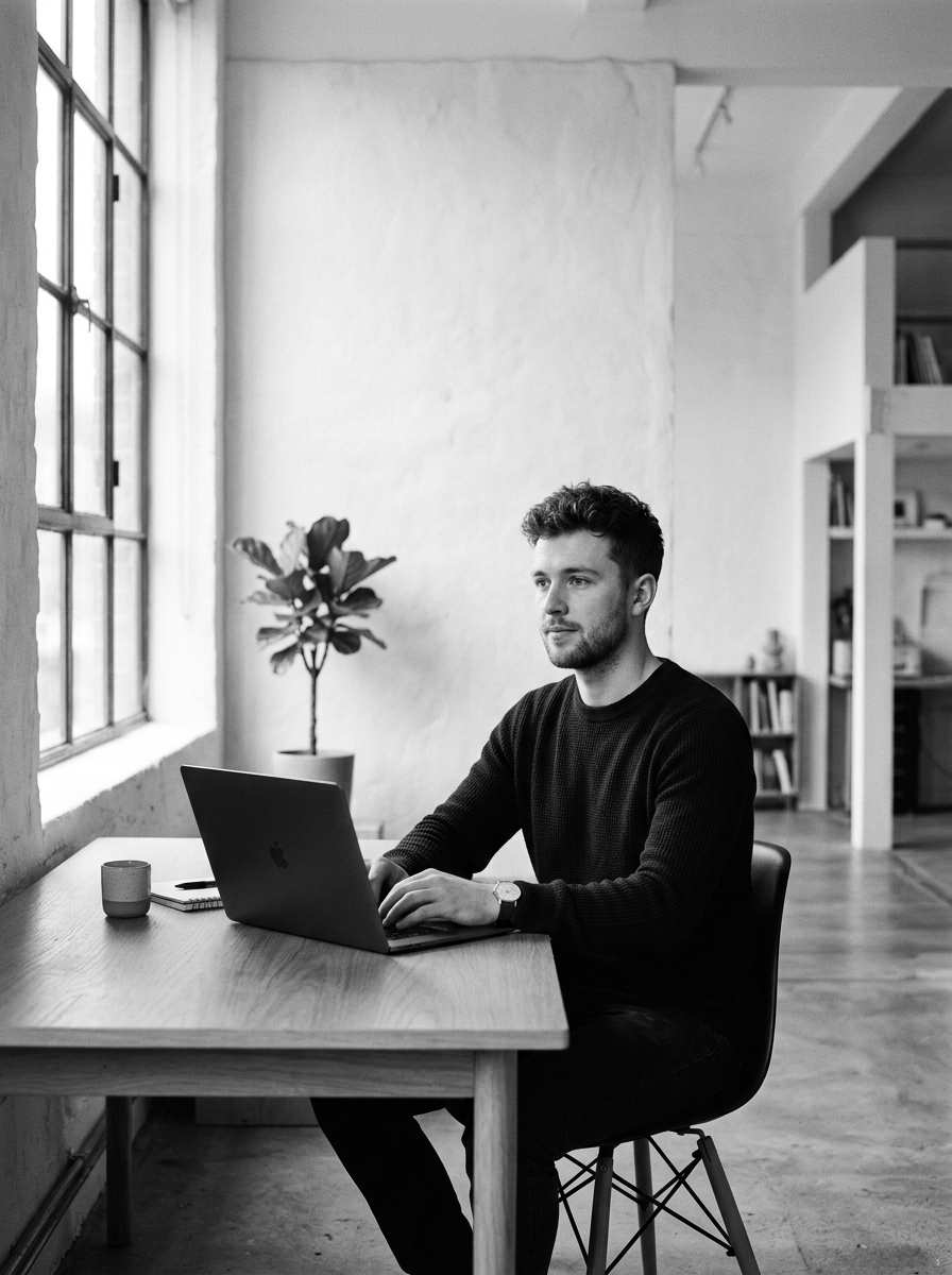Workbobo founder working at a desk in a bright studio